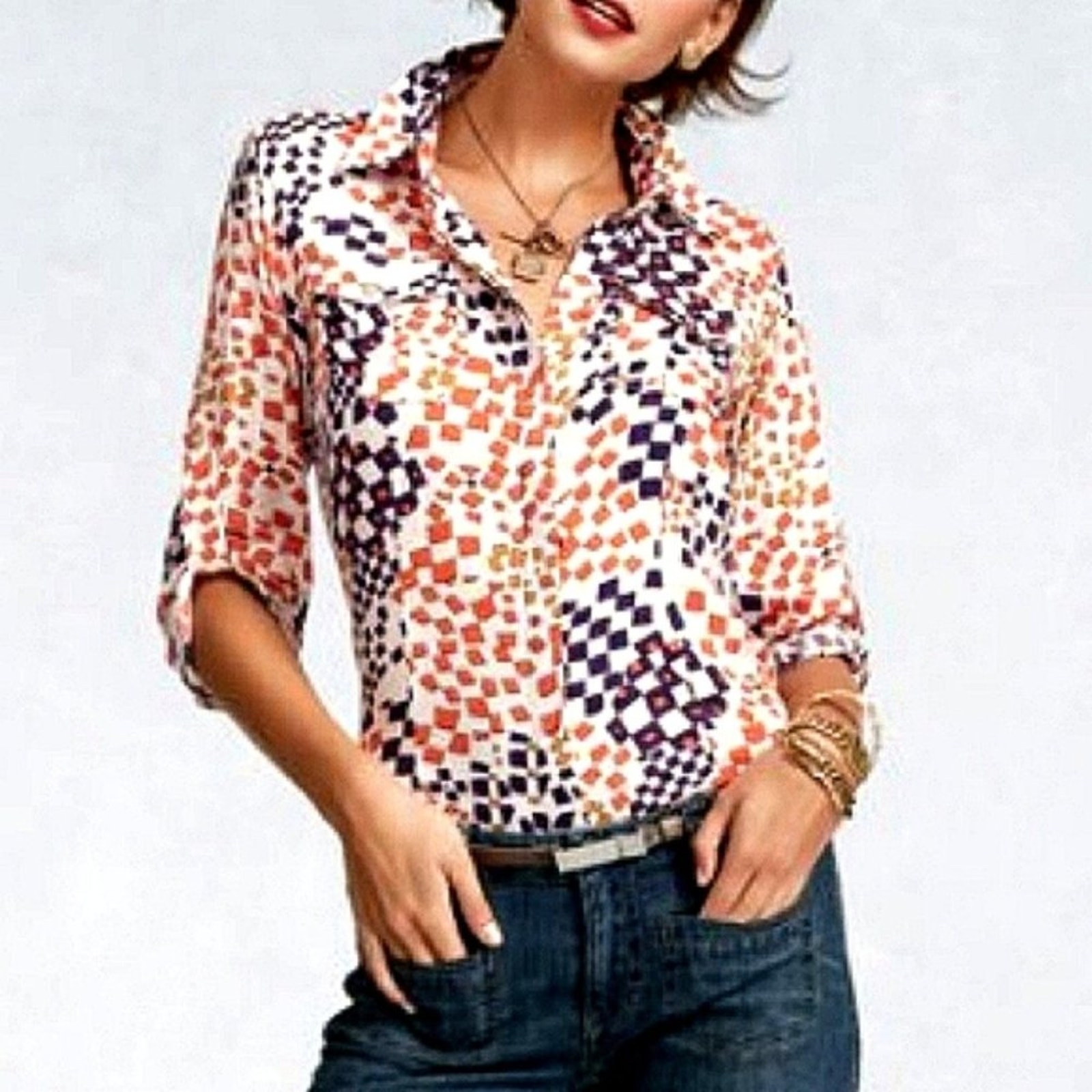 Cabi Grand Prix Abstract Checkered Print Roll Tab Sleeve Button Down Shirt Small
